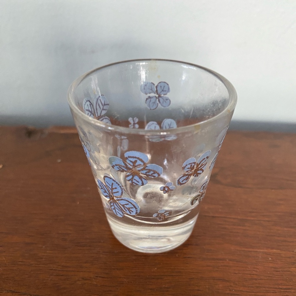 Vintage Shot Glass with light blue flowers floral pattern